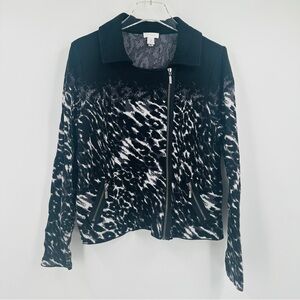 Chico’s Animal Print Moto Jacket Asymmetrical Zip Black Gray Size 2
